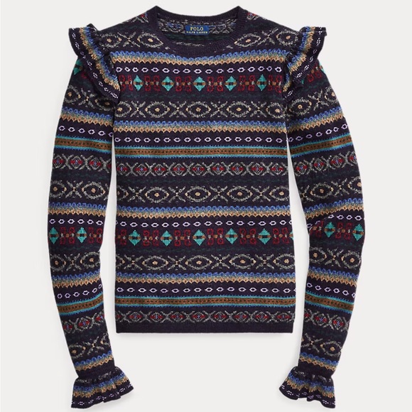 Polo Ralph Lauren Fair Isle Ruffle-Trim Jumper Sweater Large Blue - Picture 2 of 5